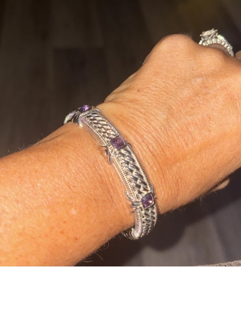 Vintage new Judith Ripka Sterling silver amethyst hinged cuff bracelet